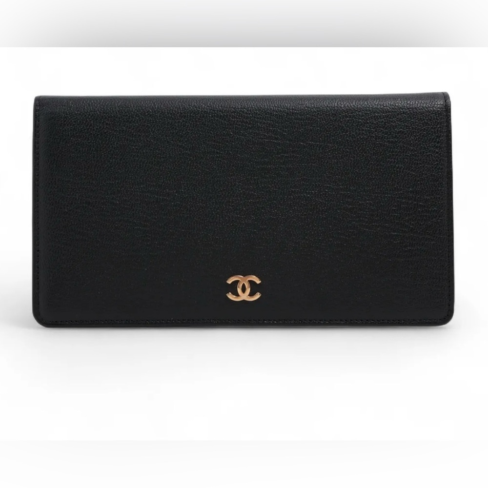 CHANEL Black Leather Wallet with Gold Logo